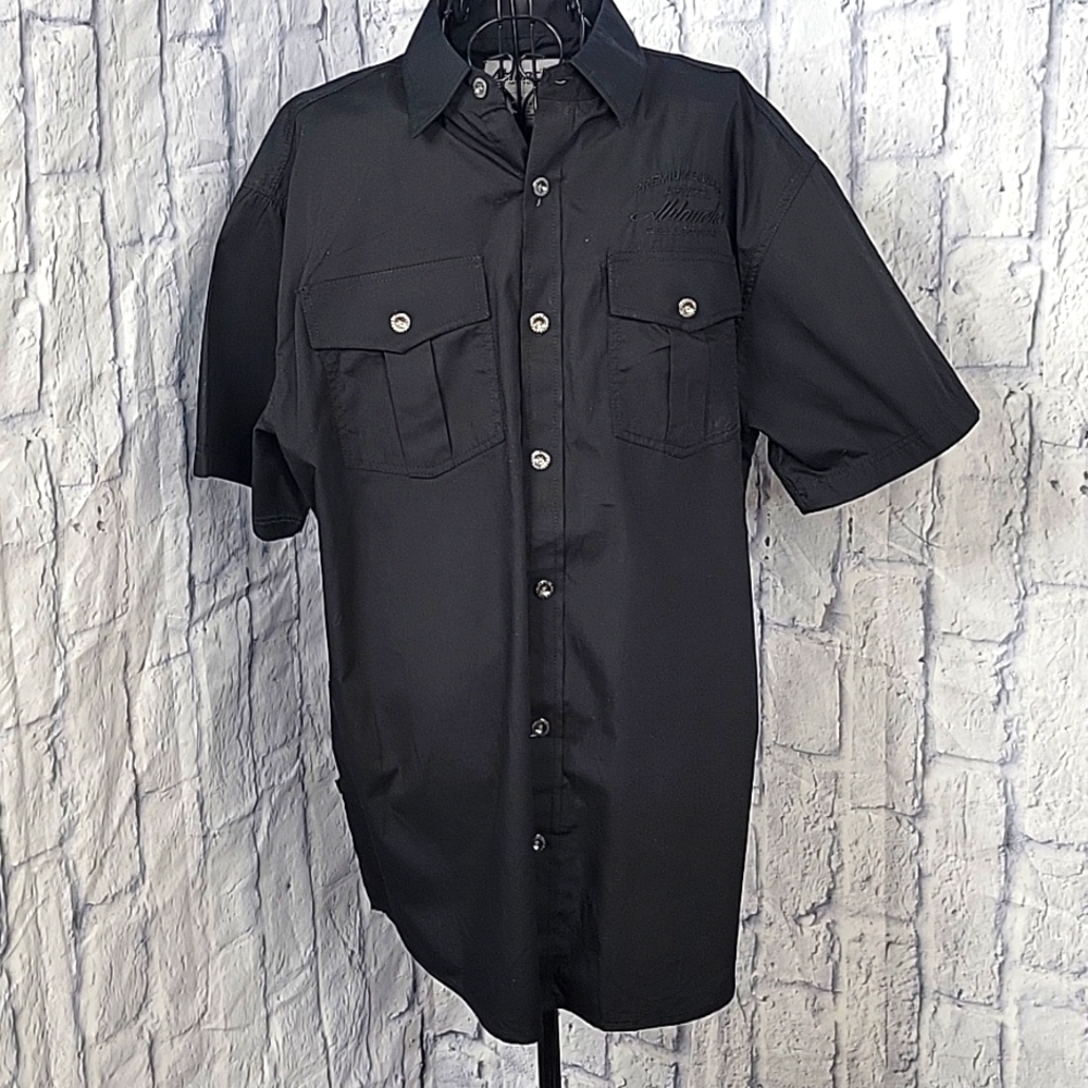 ABLANCHE‎ PREMUM Quality Black Button Up Embroidered Men's Shirt Large